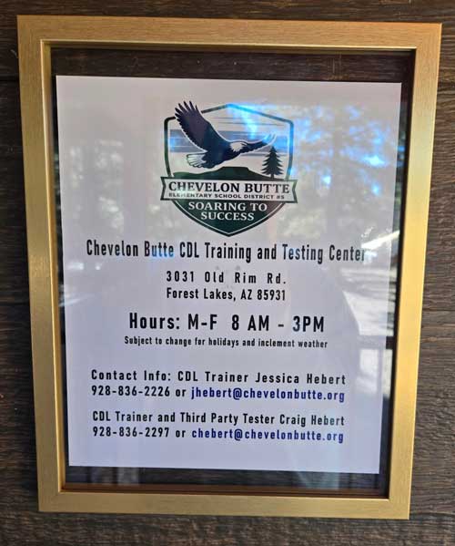 Chevelon Butte CDL Training and Testing Center sign with information from this news article