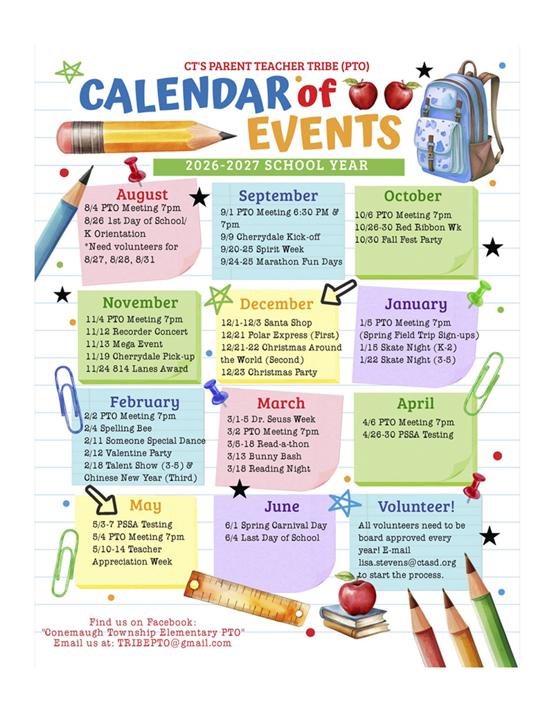 PTO Calendar of Events for 2026-2027 School Year