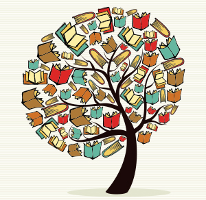 Drawing of a tree with books as leaves