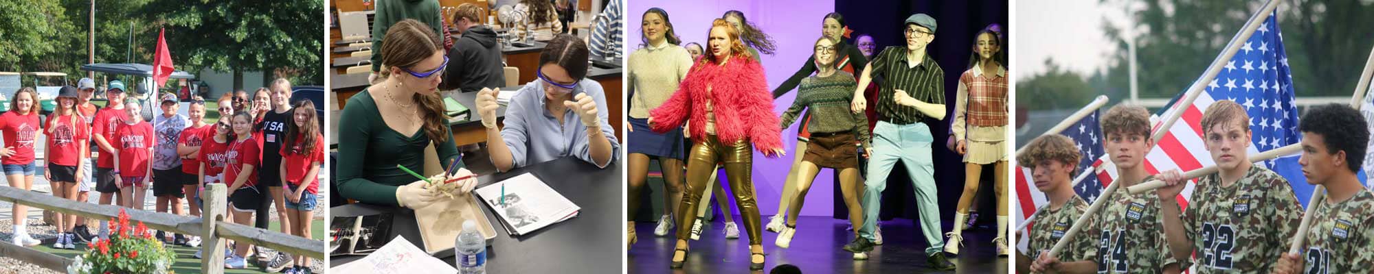 Elementary students enjoying a parachute activity outside, spirited students running with flag, and two cheerleaders