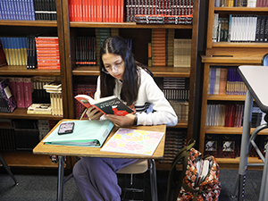 Female student reading a book at her desk