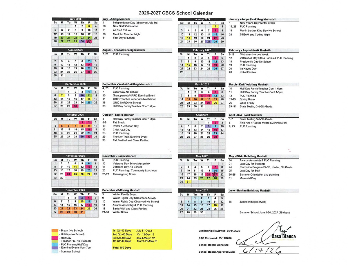 Annual school calendar for 2026-2027