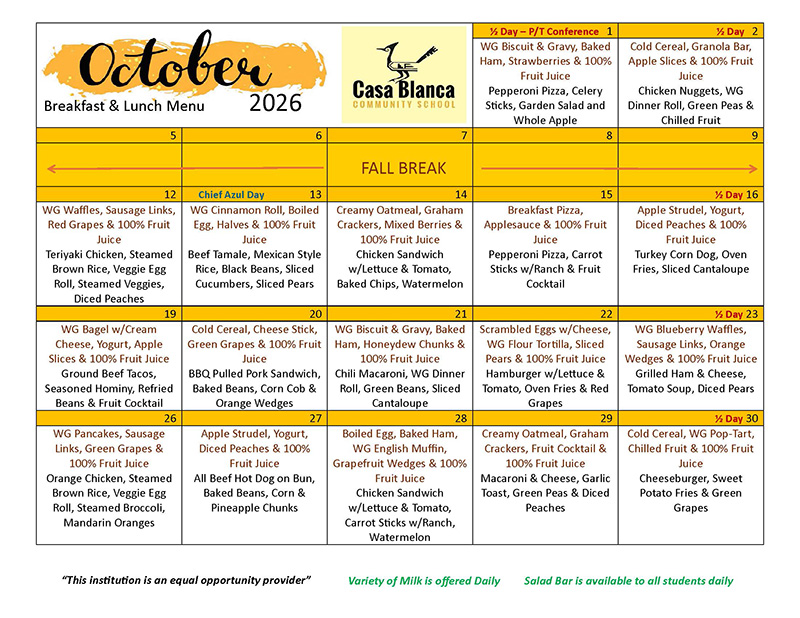 October Breakfast & Lunch Menu 2026