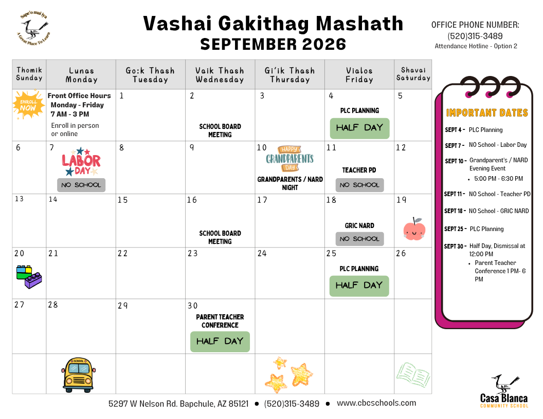 Vashai Gakithag Mashath September 2026 monthly calendar