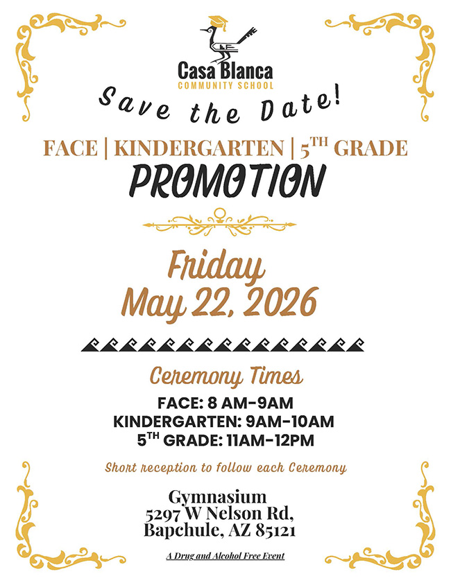 Casa Blanca Community School Save the Date! Promotion Flyer