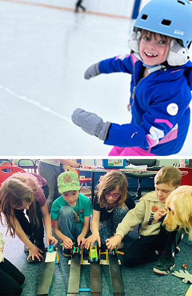 Photo collage of girl ice skating next to students playing with constructed hand-held vehicles