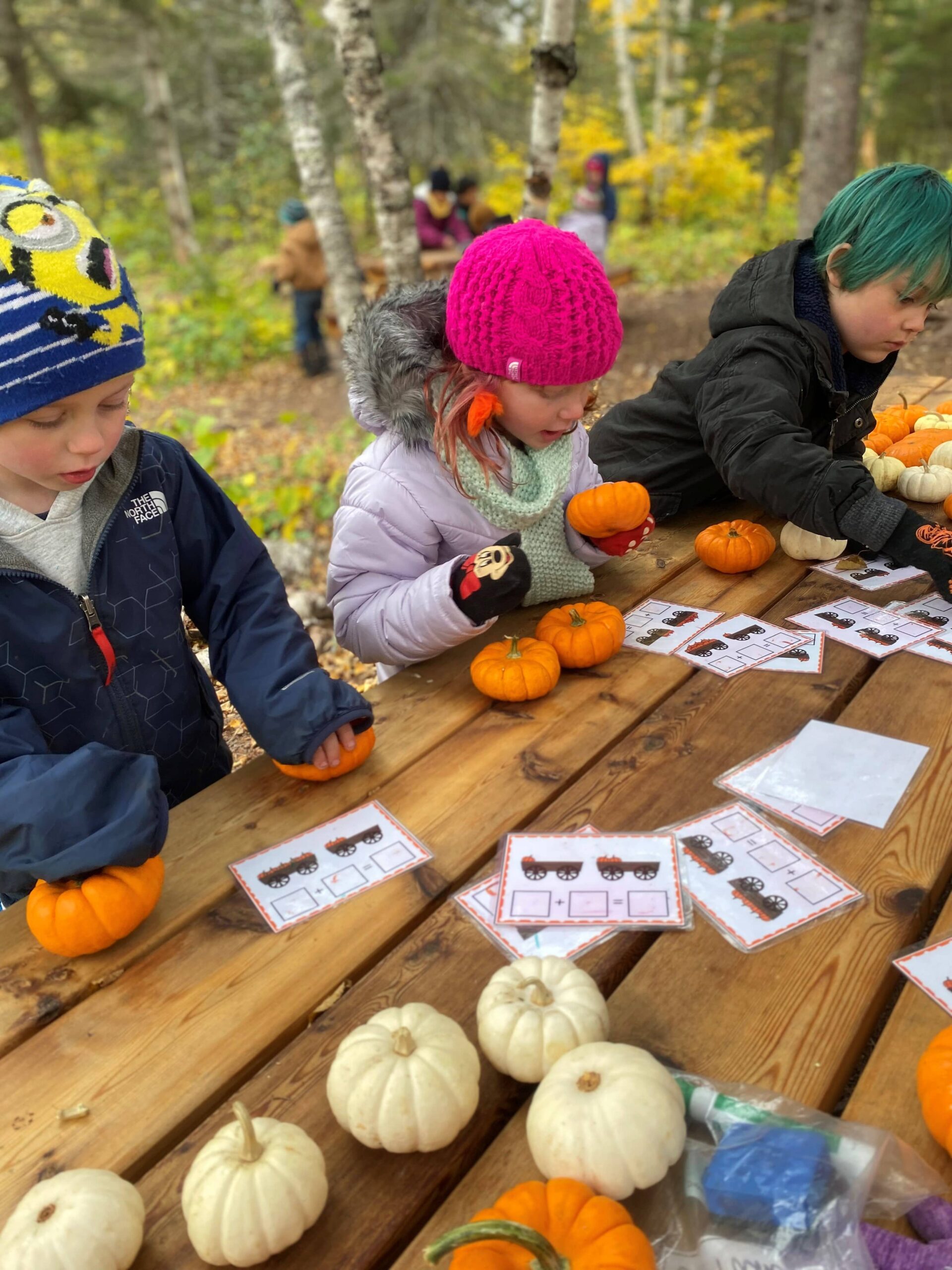Students working with pumpkins at an outdoor table