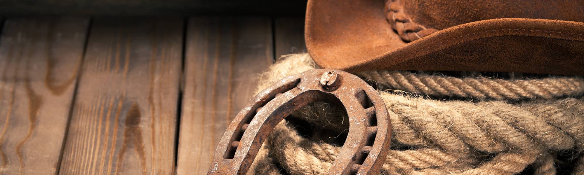 a horseshoe, a rope and a cowboy hat on a wooden floor