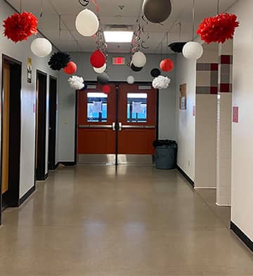 A school hallway decorated for an event