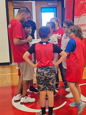 basketball team huddled