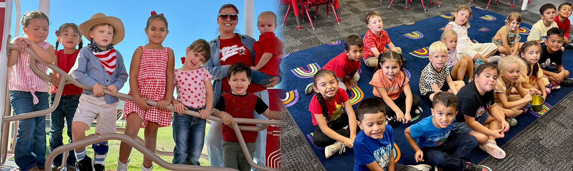 Students on the playground and students sitting on a rug in the classroom