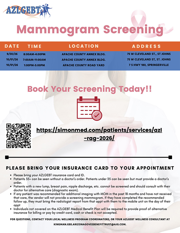 AZLGEBT Mammogram Screening flyer for September and October 2026