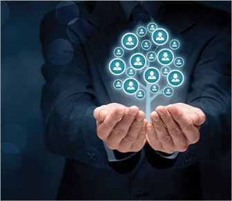Businessman holding up his hands with a communications concept