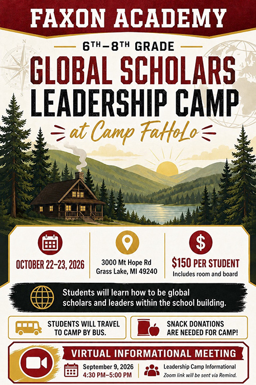Faxon Academy 6th-8th Grade Global Scholars Leadership Camp flyer