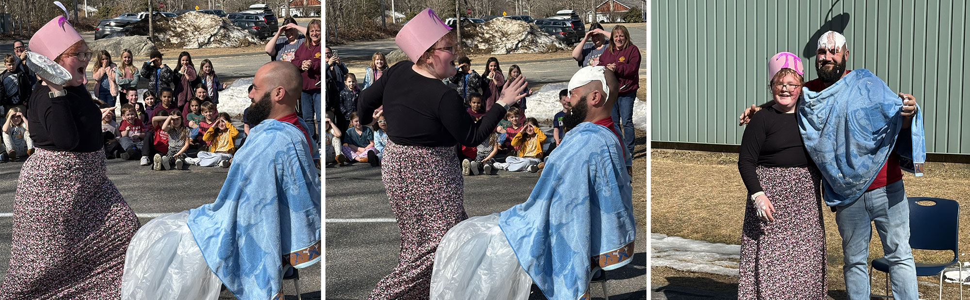 Teacher getting smacked with a pie in the face by a student