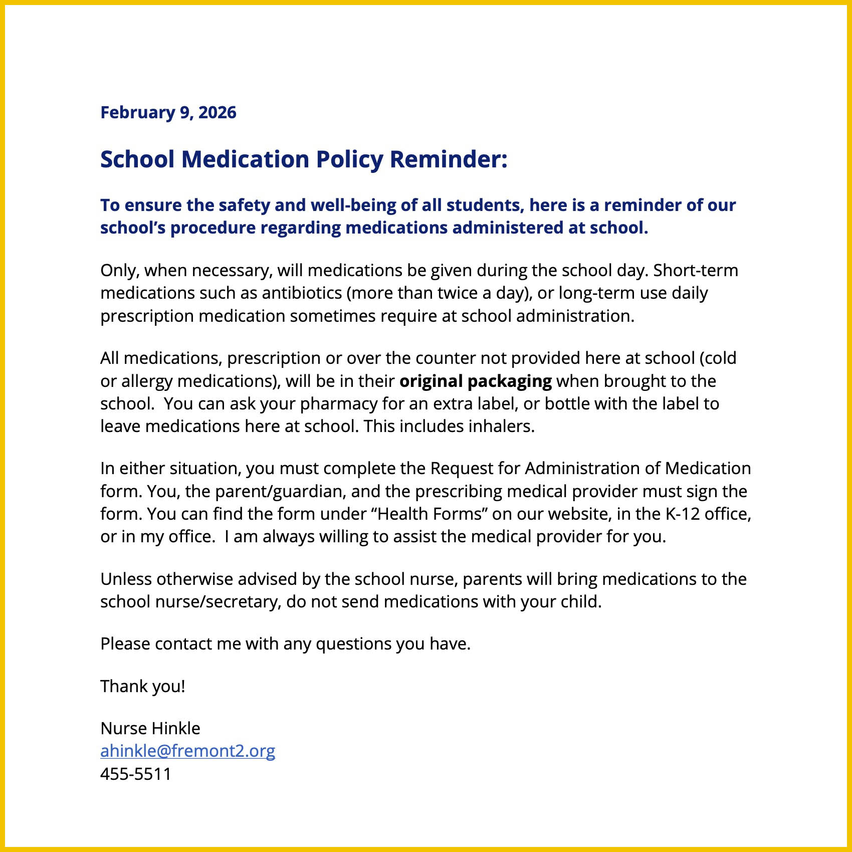 School Medicine Policy Reminder