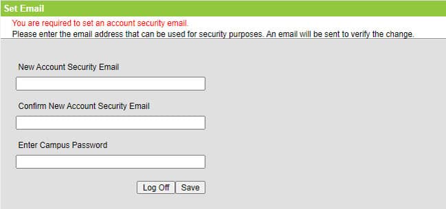 Screenshot of page to set and verify email