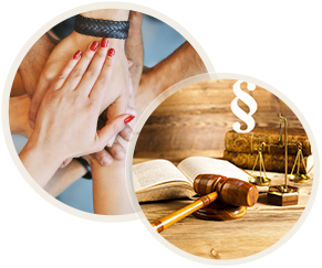 hands in and governing board gavel and scales