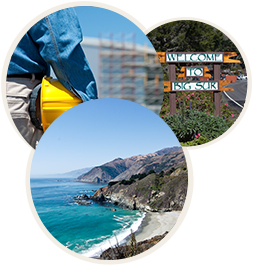 Photo collage of construction worker, Welcome to Big Sur, and Big Sur coastline