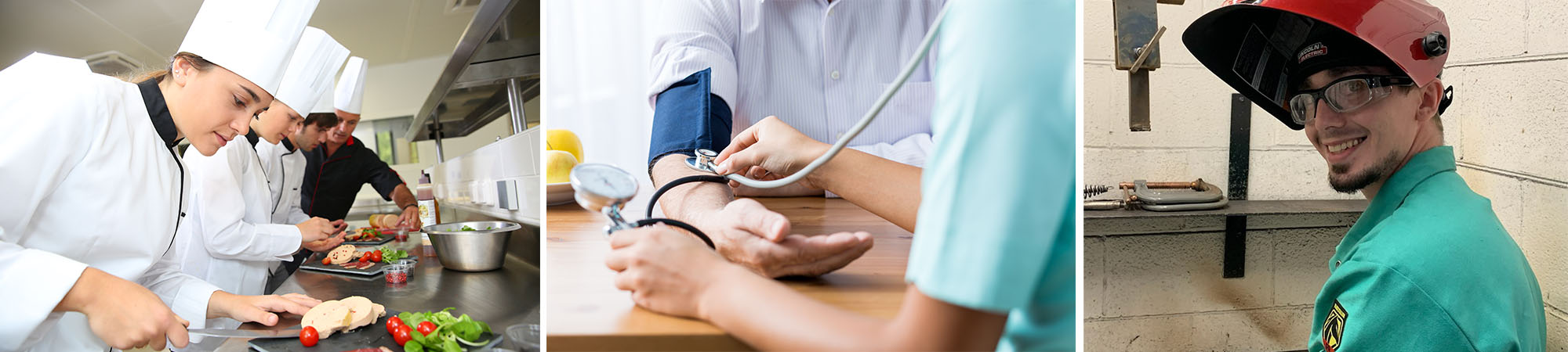 Photo collage of culinary, nursing, and welding students