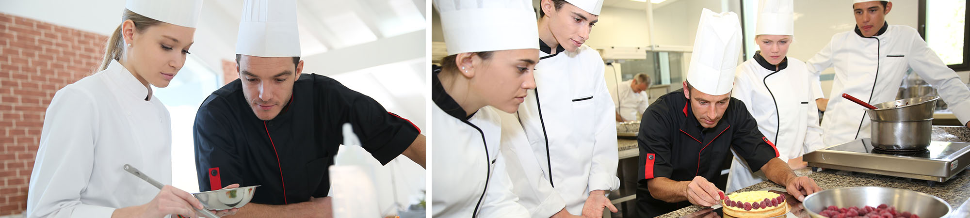 Culinary students in the kitchen learning from their teacher