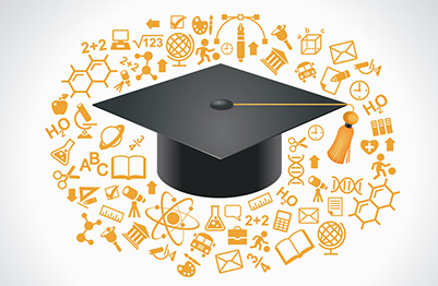 Educational icons around a black graduation cap