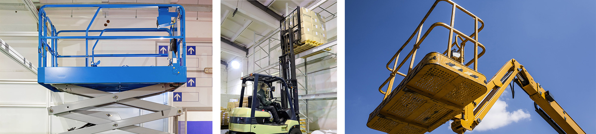 A scissor lift, a forklift, and an aerial lift