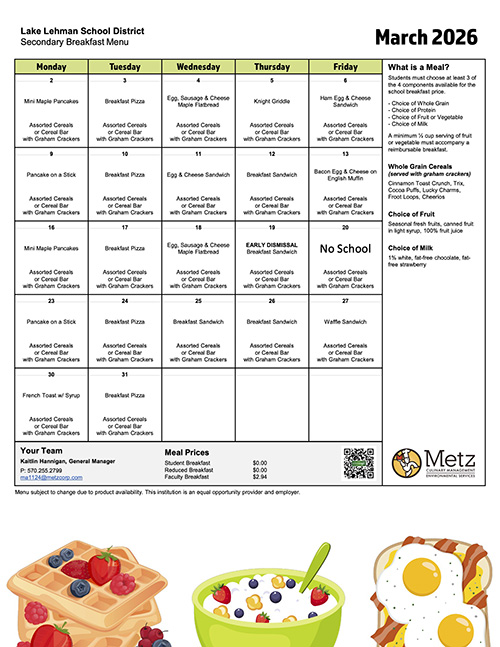 Lake Lehman School District Secondary Breakfast Menu for March 2026