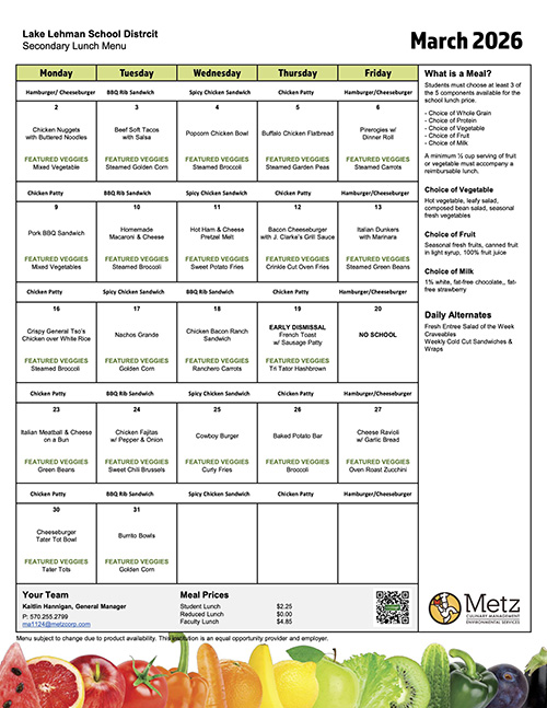 Lake Lehman School District Secondary Lunch Menu for March 2026