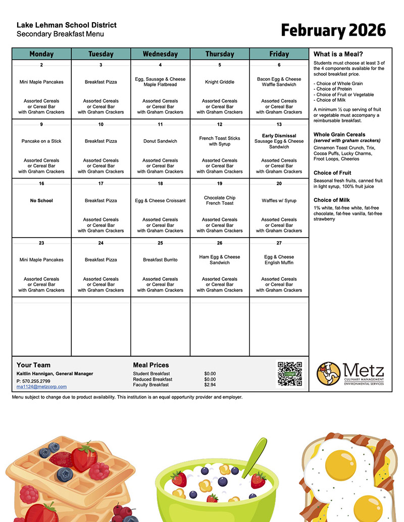 Lake Lehman School District - Secondary Breakfast Menu for February 2026