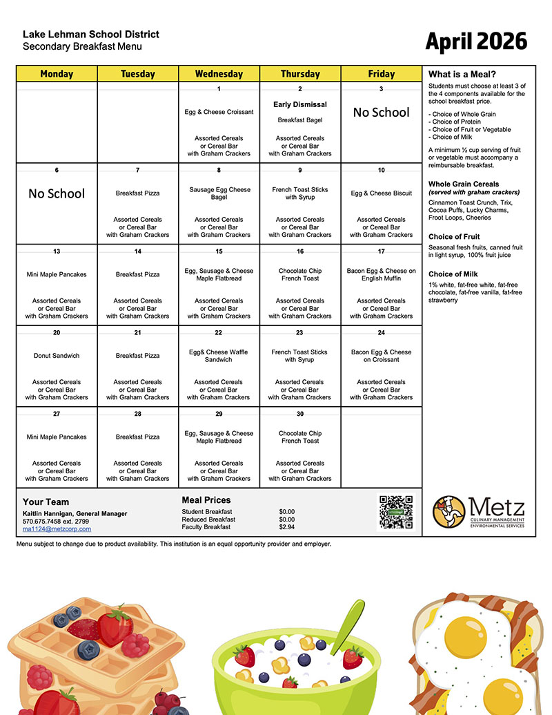 Lake Lehman School District - Secondary Breakfast Menu for April 2026