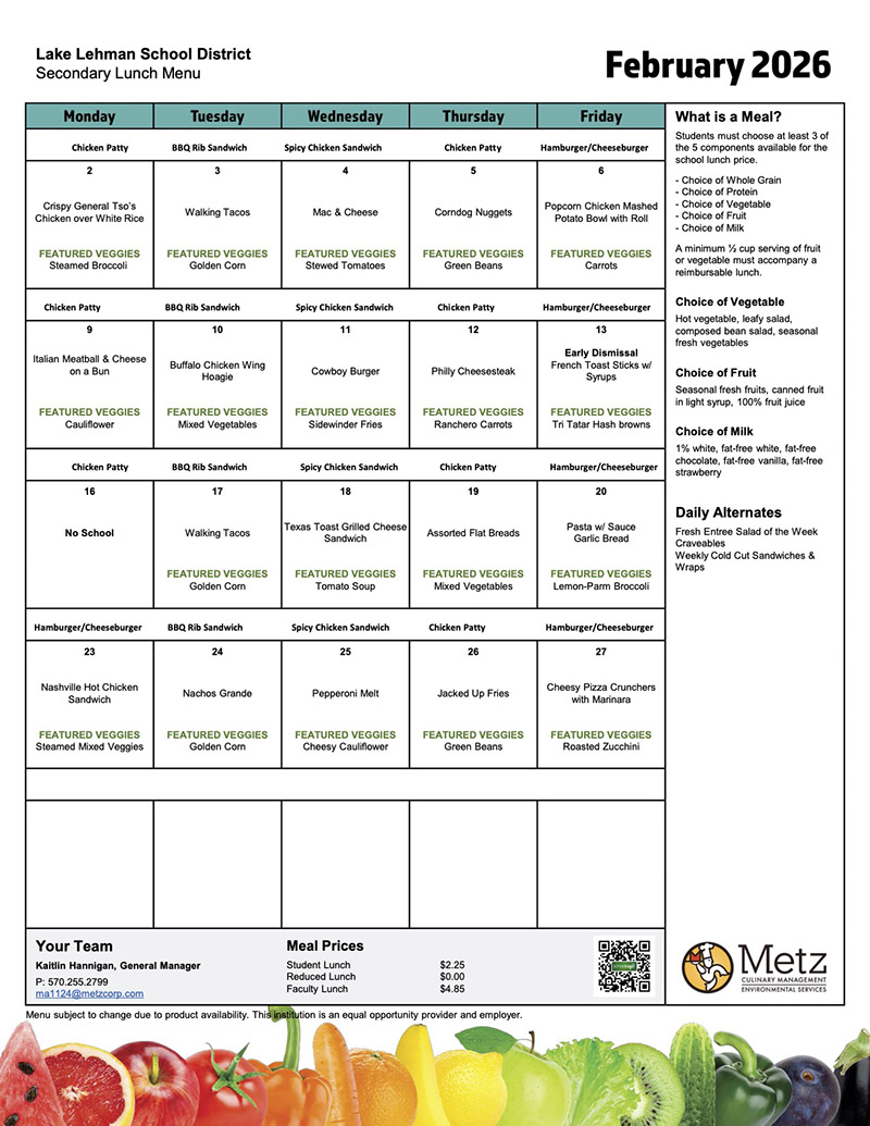Lake Lehman School District - Secondary Lunch Menu for February 2026
