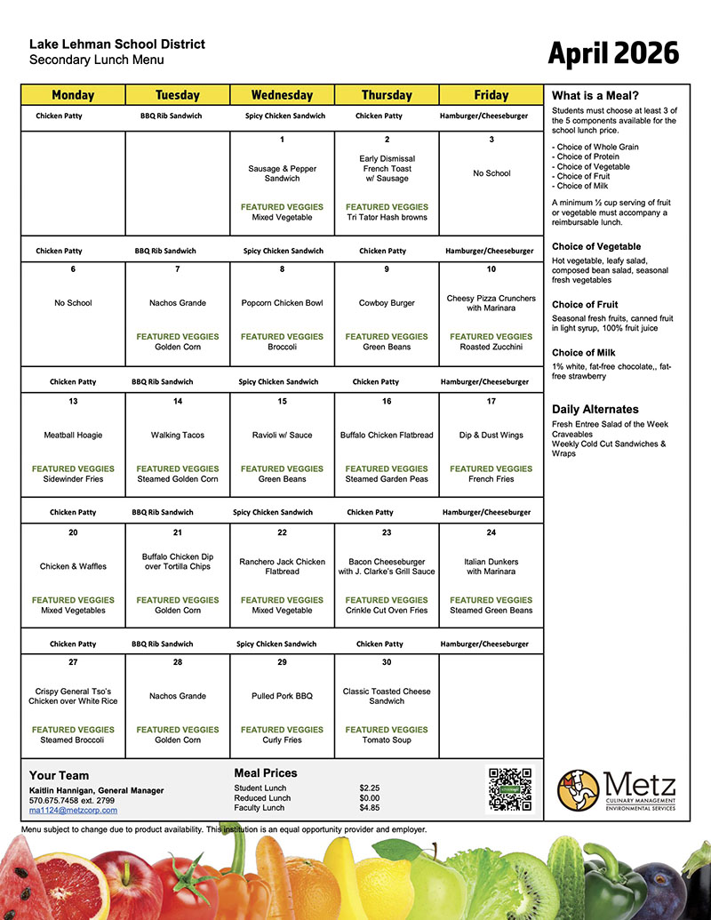 Lake Lehman School District - Secondary Lunch Menu for April 2026