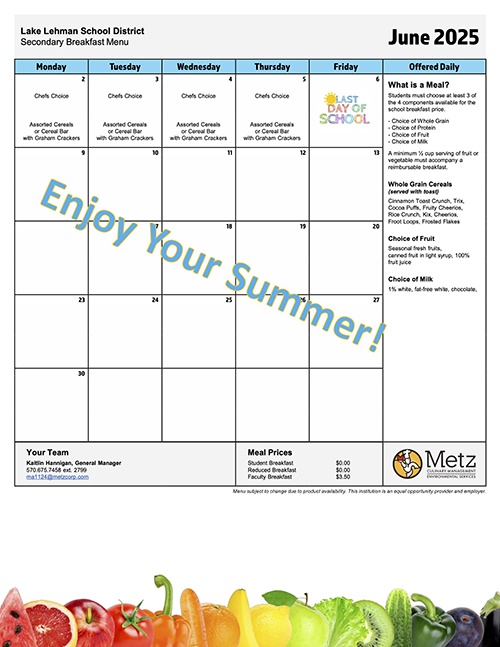 Lake Lehman School District Secondary Breakfast Menu for June