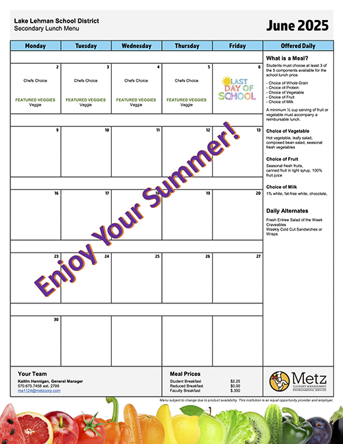 Lake Lehman School District Secondary Lunch Menu for June