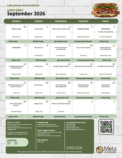 September 2026 Lunch Menu