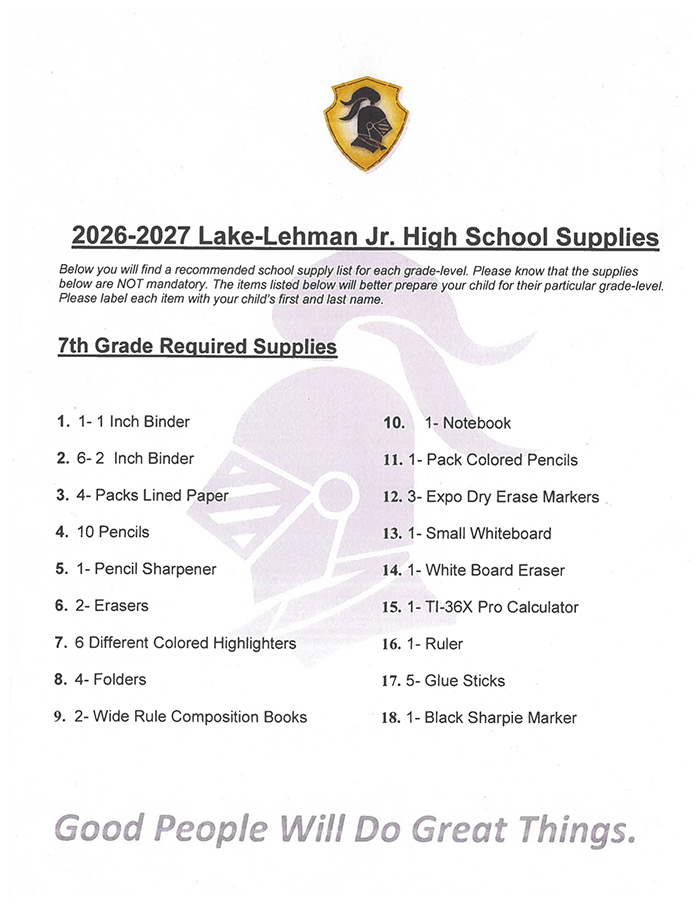 2026-2027 Lake-Lehman Jr. High School Supplies for 7th Grade