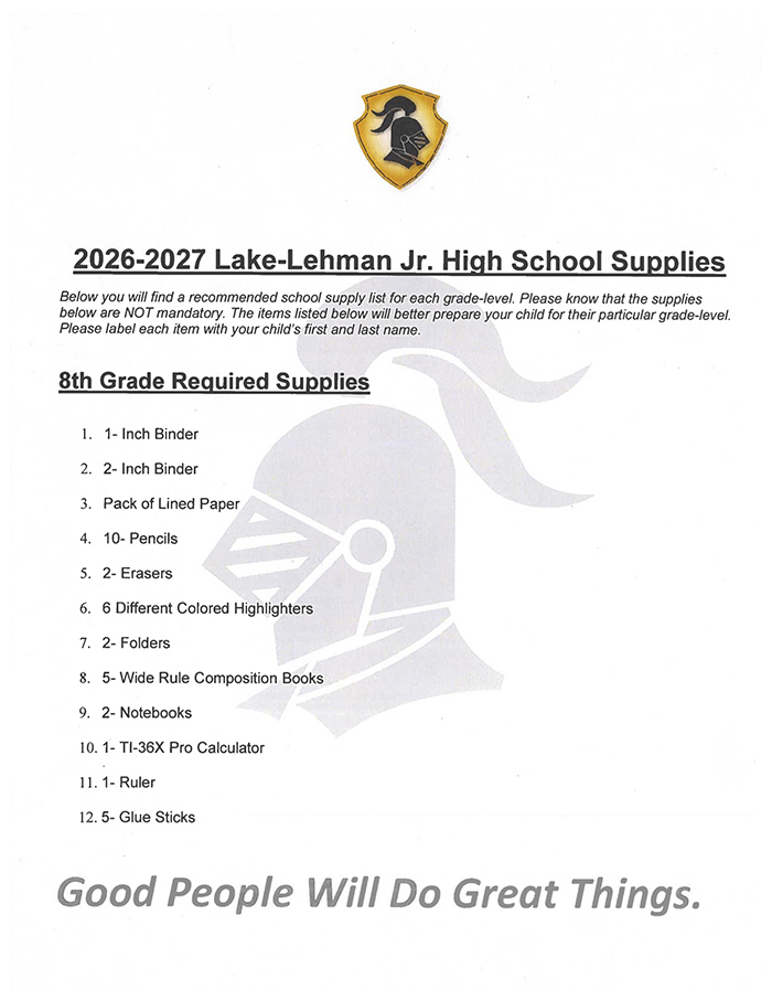 2026-2027 Lake-Lehman Jr. High School Supplies for 8th Grade