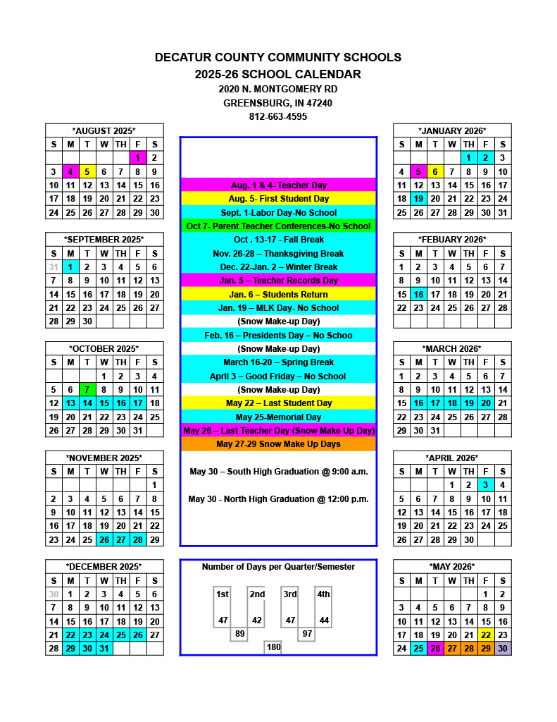 Decatur County Community Schools 2025-2026 School Calendar