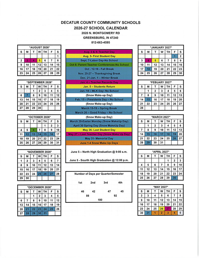 Decatur County Community Schools 2026-2027 School Calendar