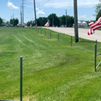 American flags displayed on the side of the road