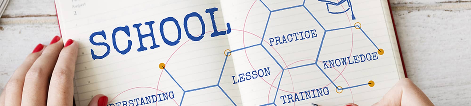 A chart with the title School leading to Practice, Understanding, Lesson, Knowledge, and Training