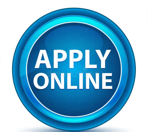 Round blue image that says apply online