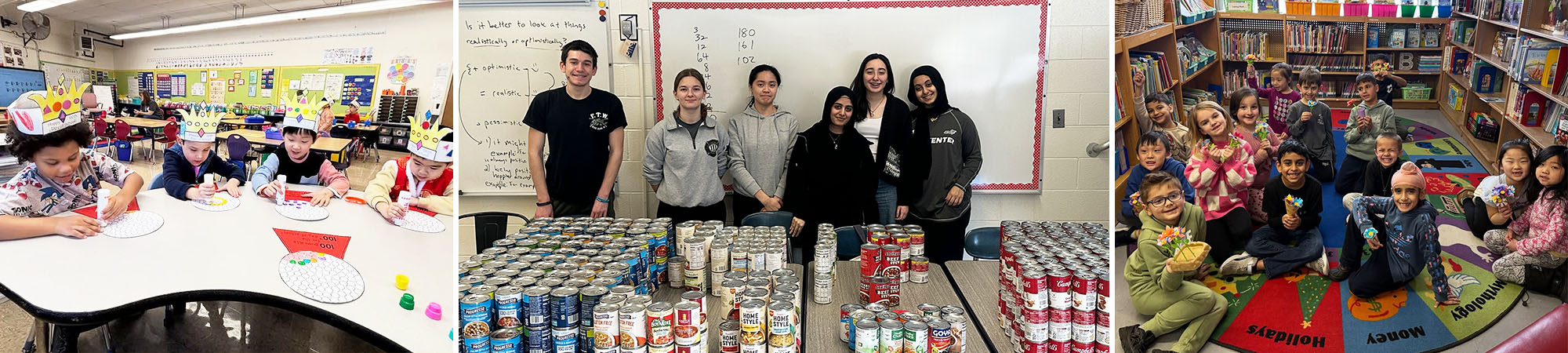 Photo collage of 100 day celebration, students collecting food pantry items, and students making flower gifts