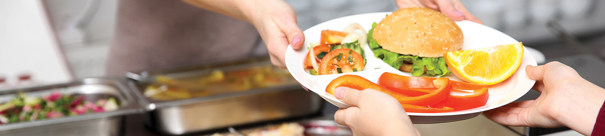 A person's hands giving another person a plate of food