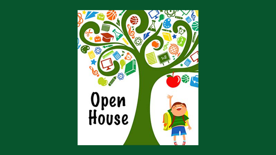Open House with student grabbing an apple from a tree