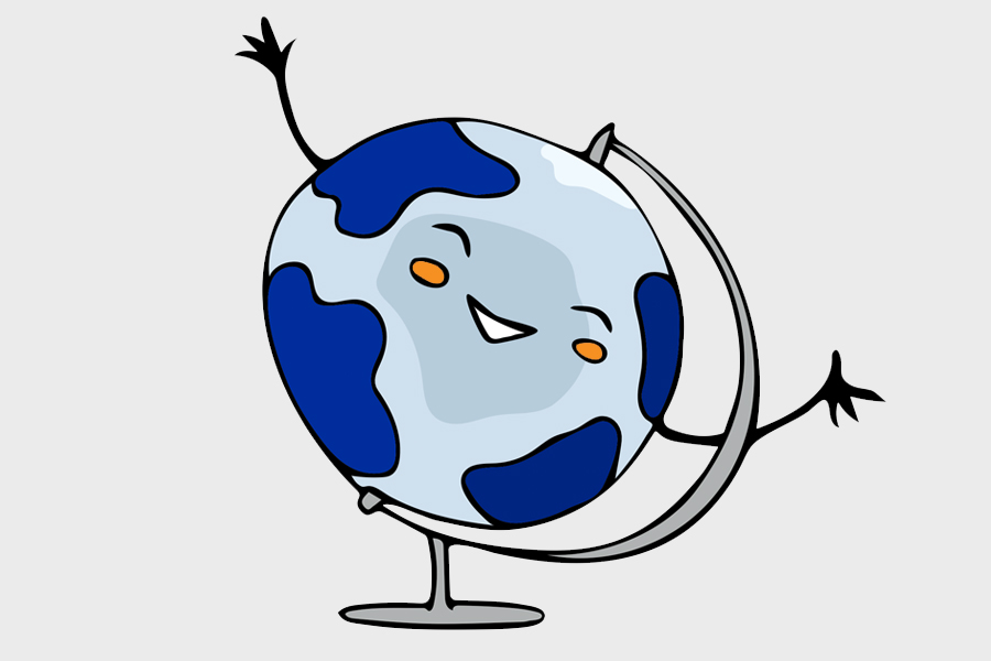Drawing of a globe with a happy face