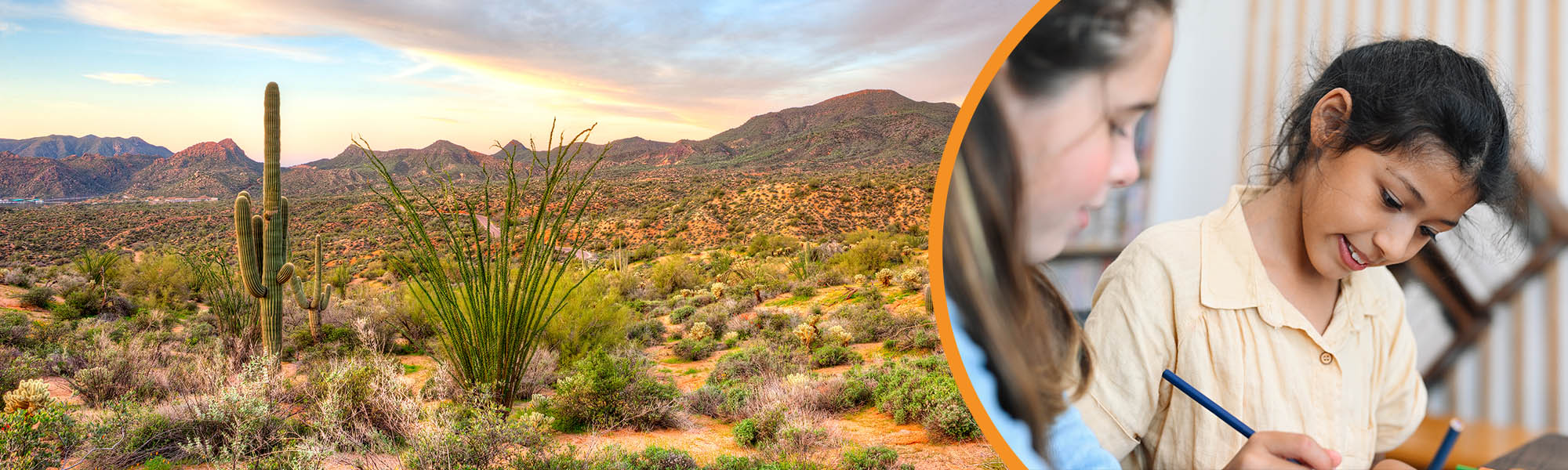 Beautiful desert landscape with EES district logo and happy elementary students working together