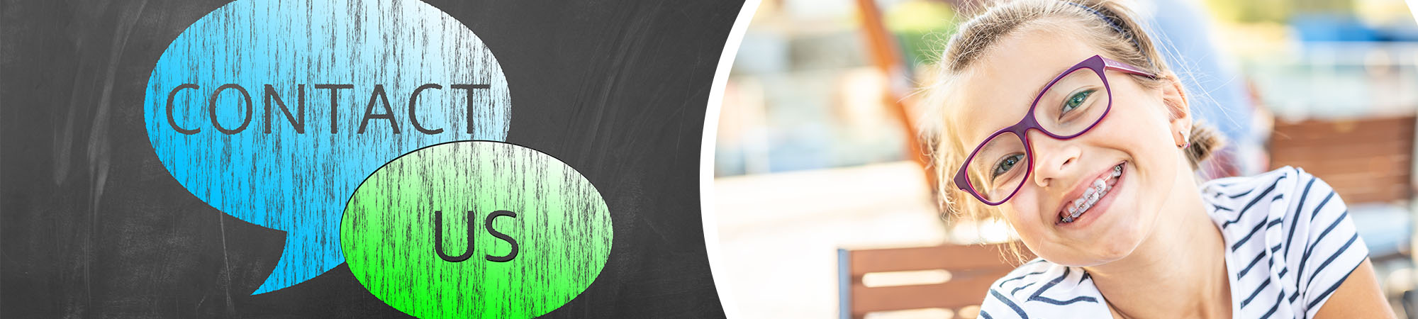 Contact Us next to a happy middle school student with braces