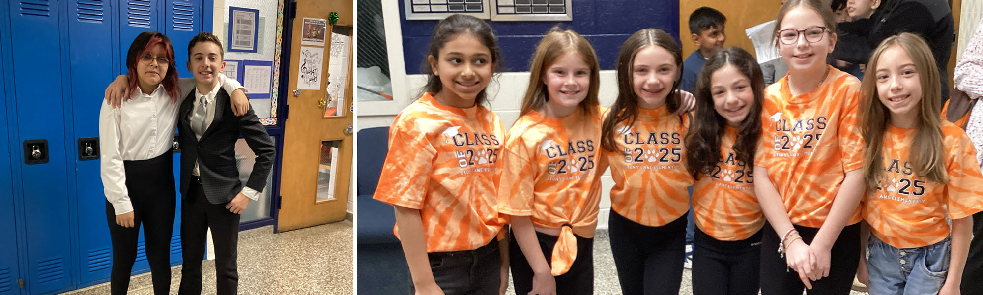 Two students in costume next to six happy girls wearing orange Class of 2025 t-shirts